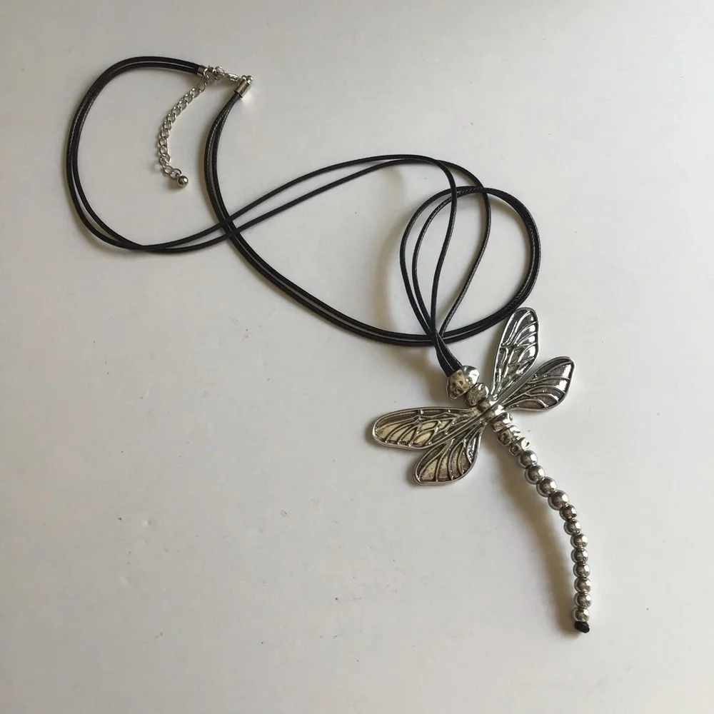 LAST 1! NEW Dragonfly Statement Necklace Movable Wings Gardener Black Cord Lucky